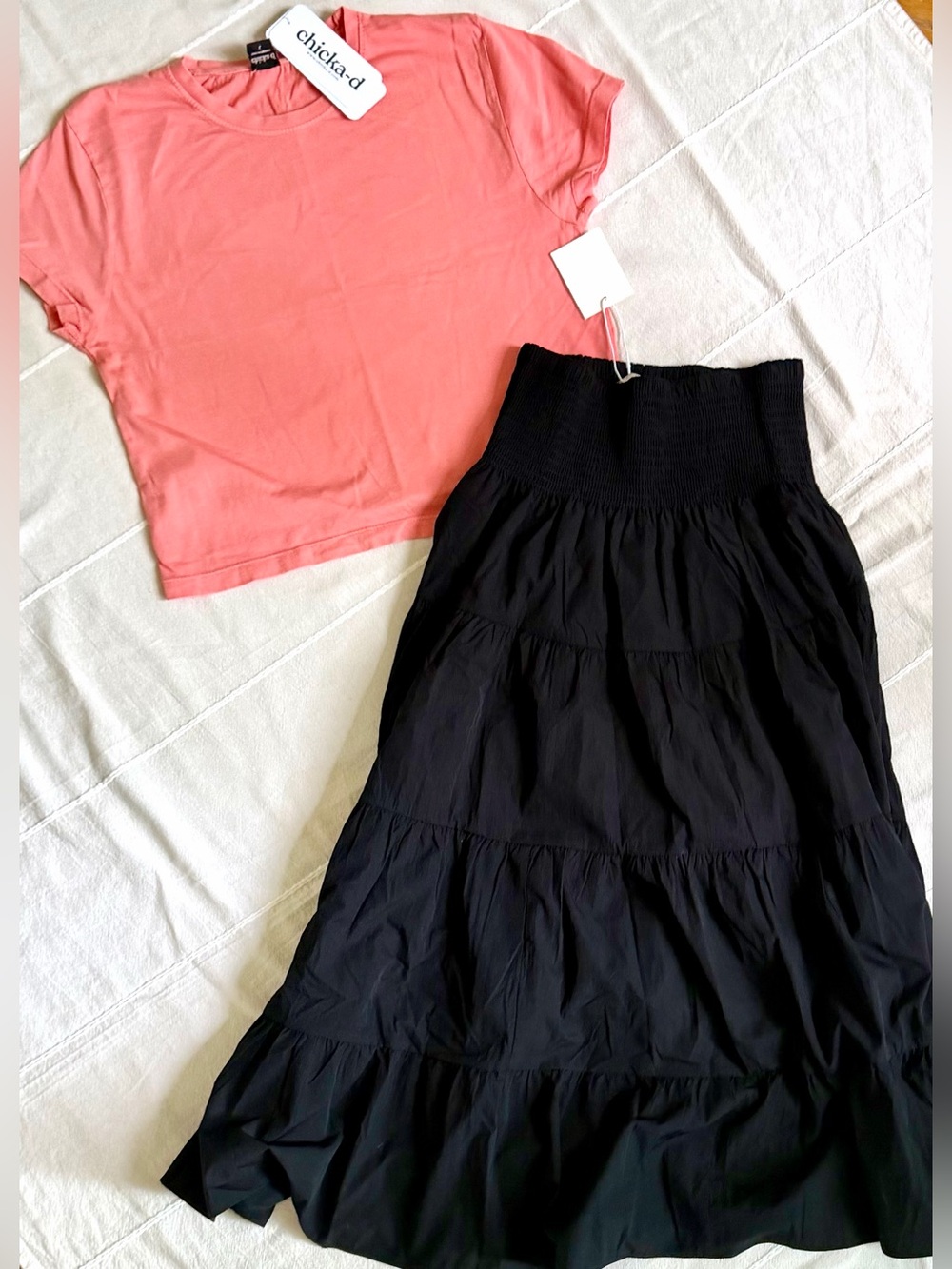 Outfit bundle size large black tiered skirt and coral crop top